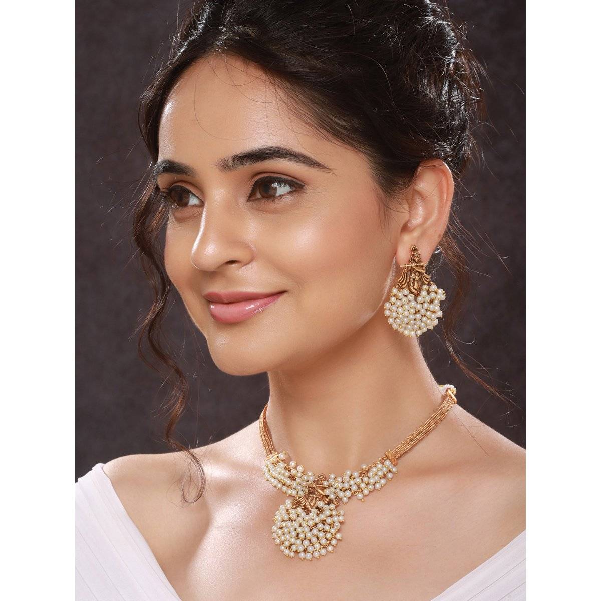 Saraf RS Jewellery Gold Plated Pearl Beaded Shri Krishna Motif Designer Jewellery Set