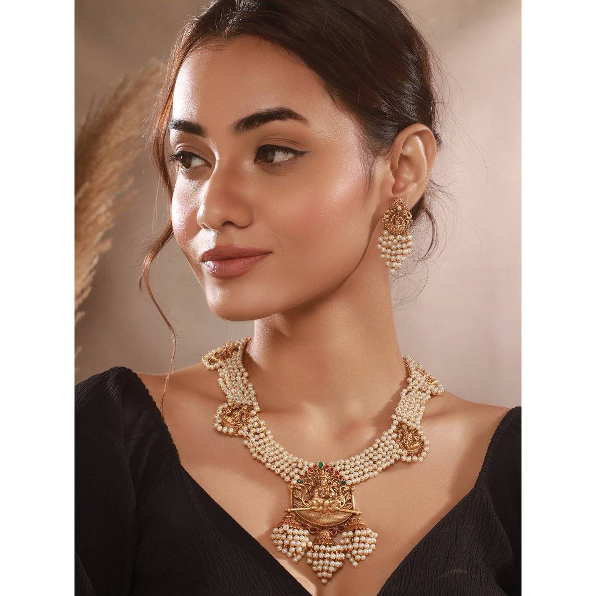 Saraf RS Jewellery Gold Plated Pearl Haram Temple Lakshmi Pendant Jewellery Set