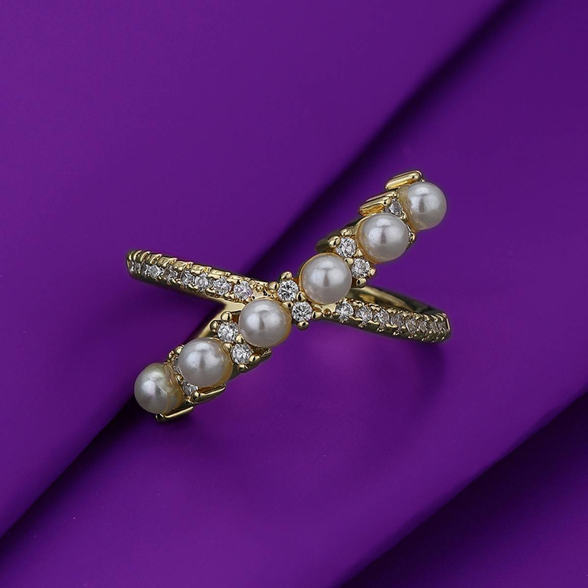 Carlton London Premium Gold & White Toned Pearls Studded Gold-Plated Adjustable Ring