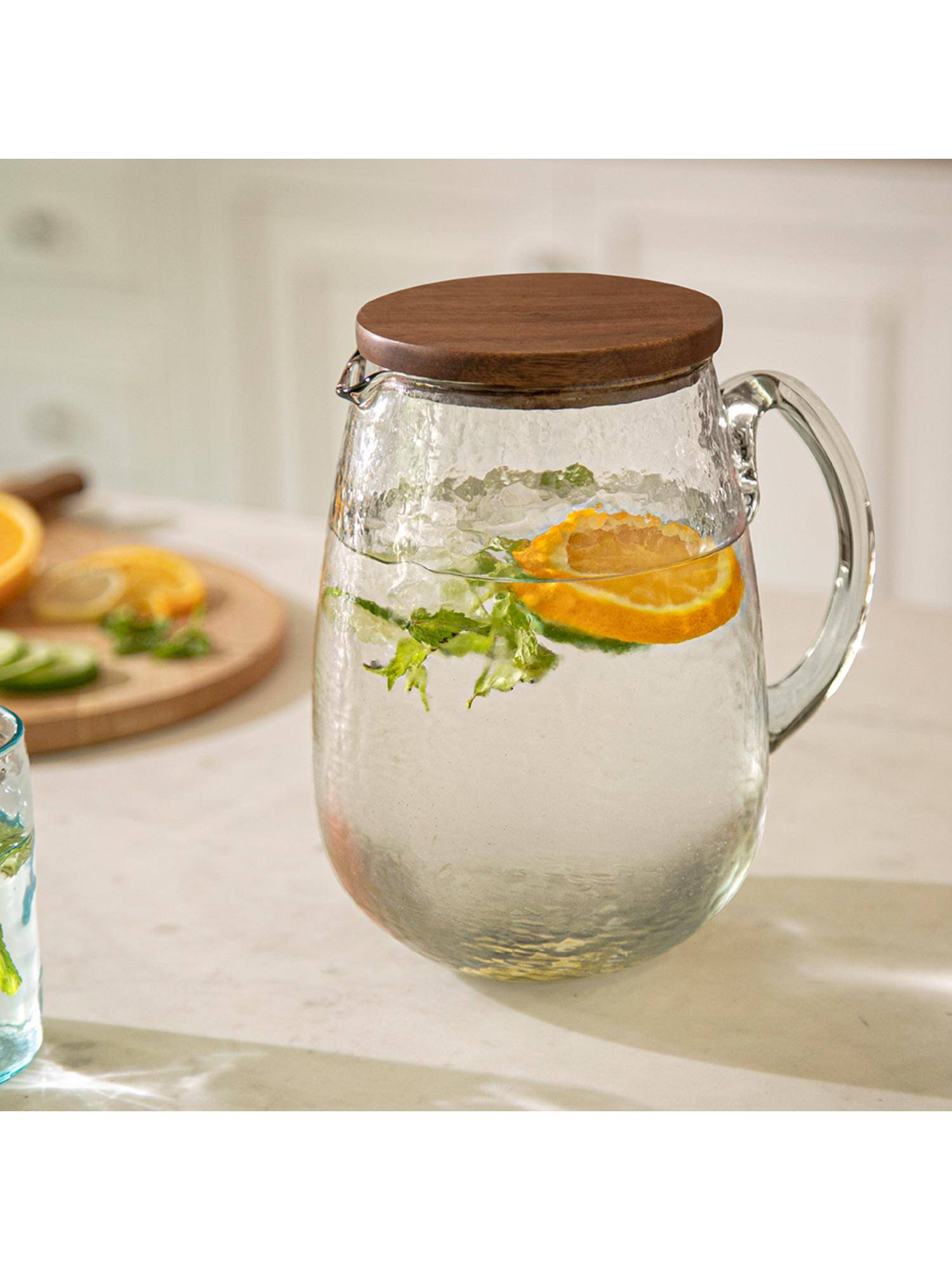 Ellementry Dewy Glass Water Jug With Wooden Lid for Dining Table - Multipurpose Usable