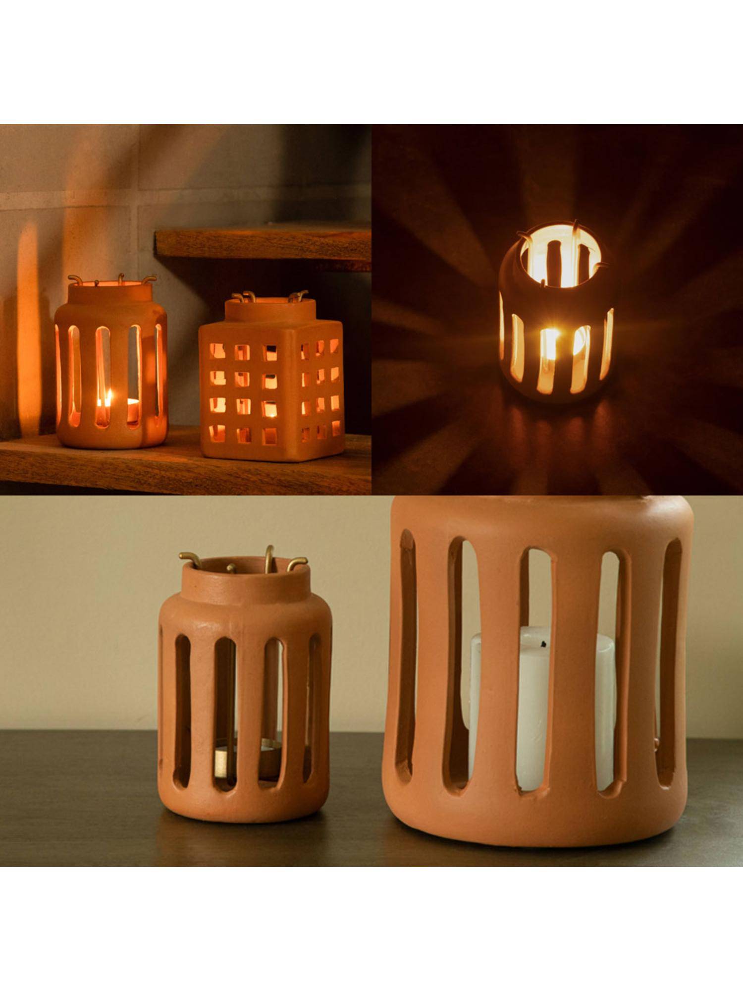 Ellementry Lupa Terracotta Round Lantern with Metal Handle for Home Decor (Small)