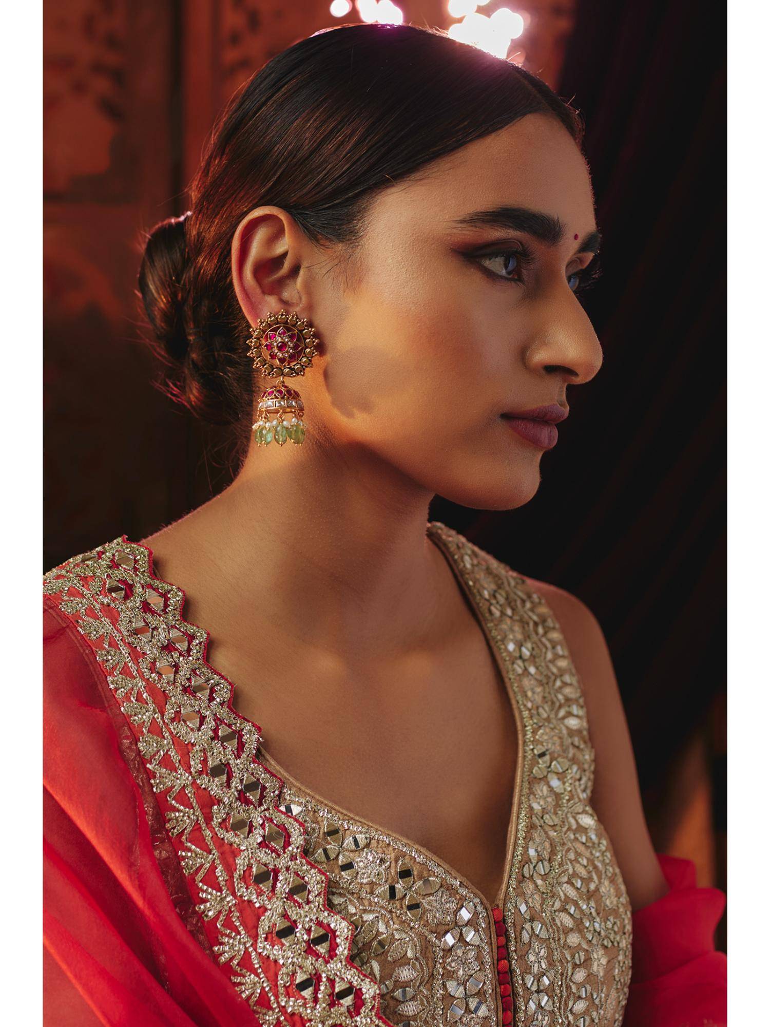 KARISA DESIGNS Surya Kundan Jhumkas with Pearls and Beads