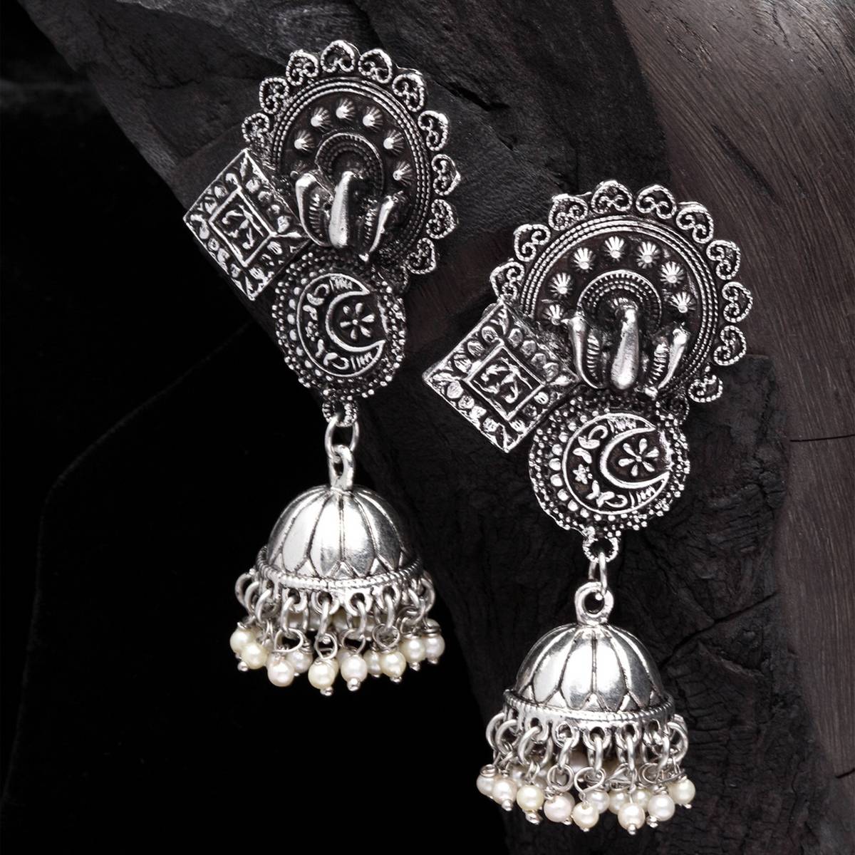 Moedbuille Pearls Studded Handcrafted Filigree Work Temple Design Oxidised Silver Plated Jhumkas