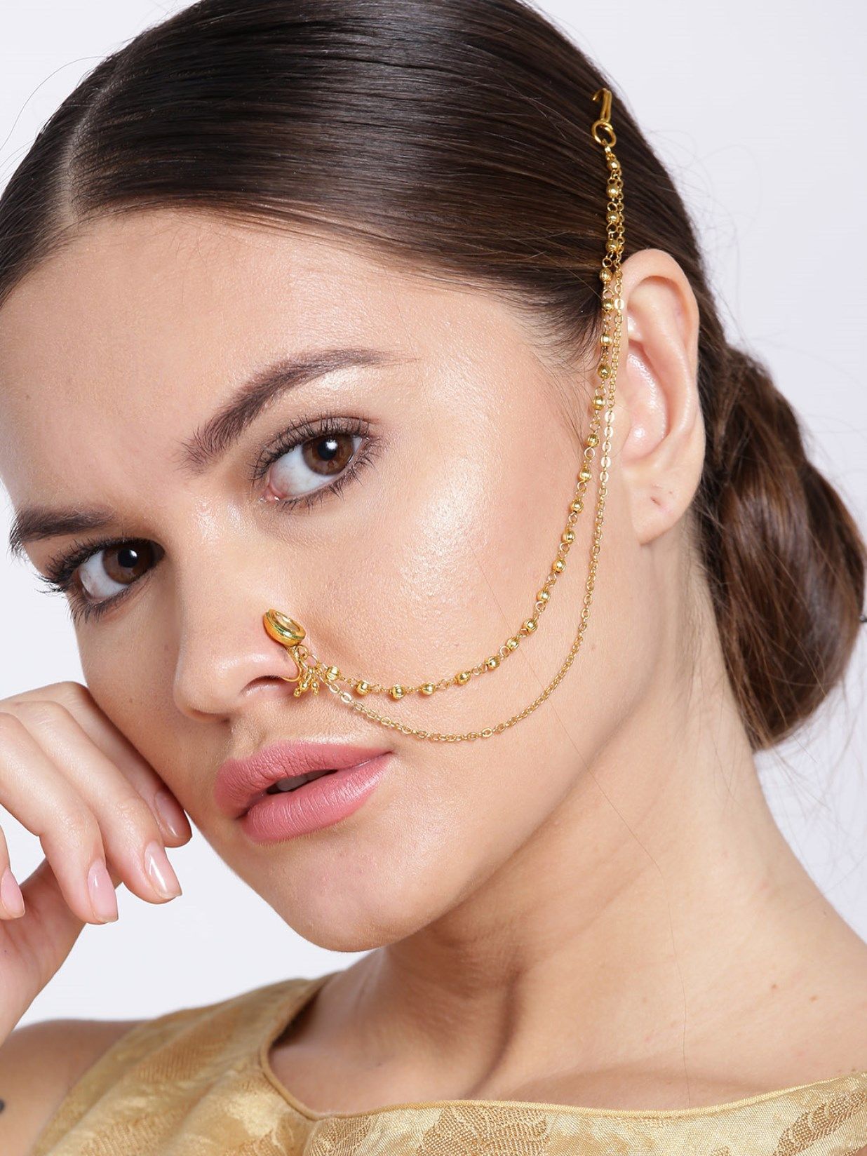 Priyaasi Gold-Plated Cz Stone-Studded Handcrafted Nose Ring With Chain