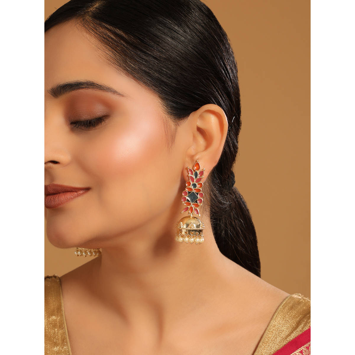 Nuyug Orange 22K Gold-Plated Enamel Beaded Dome Shaped Jhumka Earrings