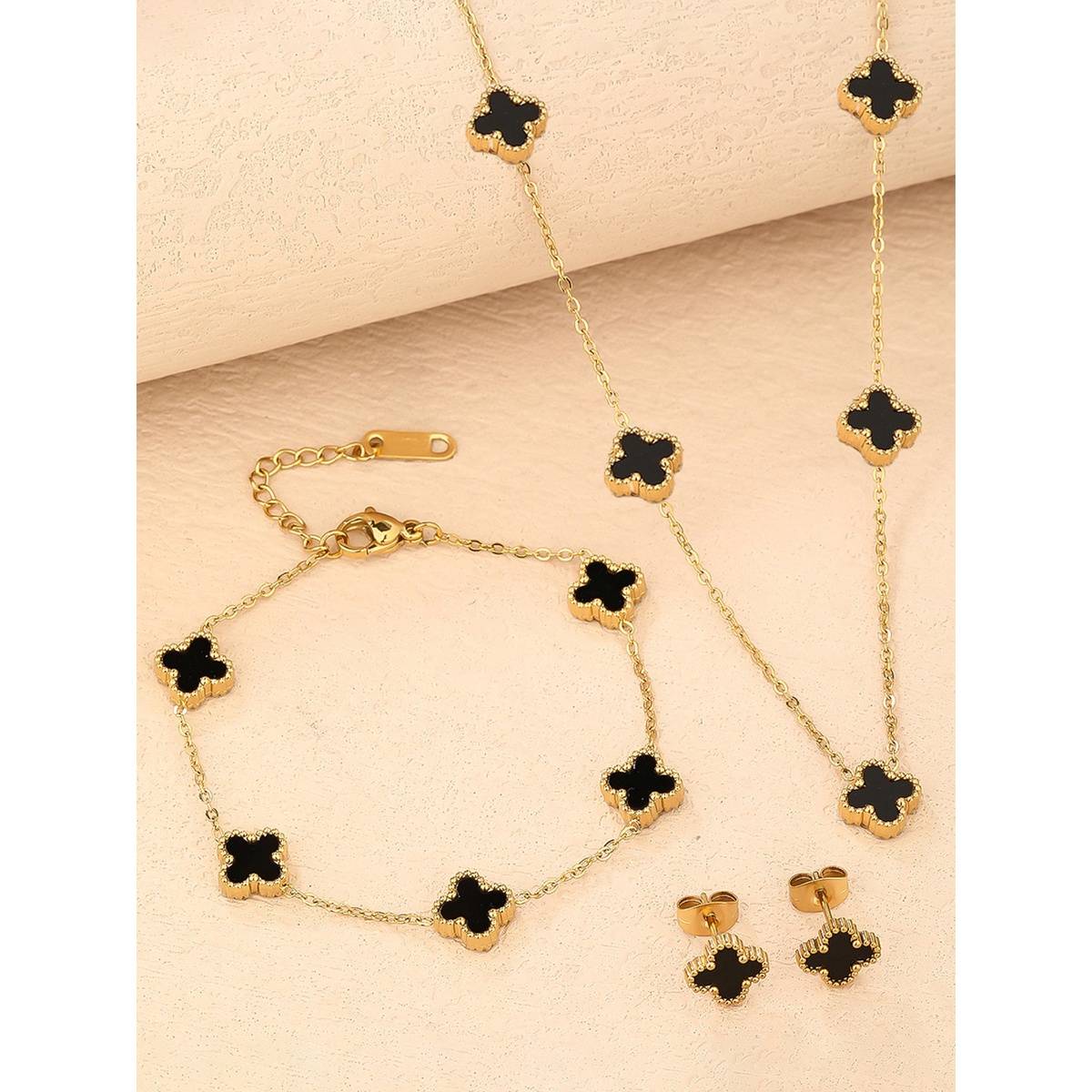 Jewels Galaxy Gold Plated Black Anti Tarnish Clover Jewellery Set