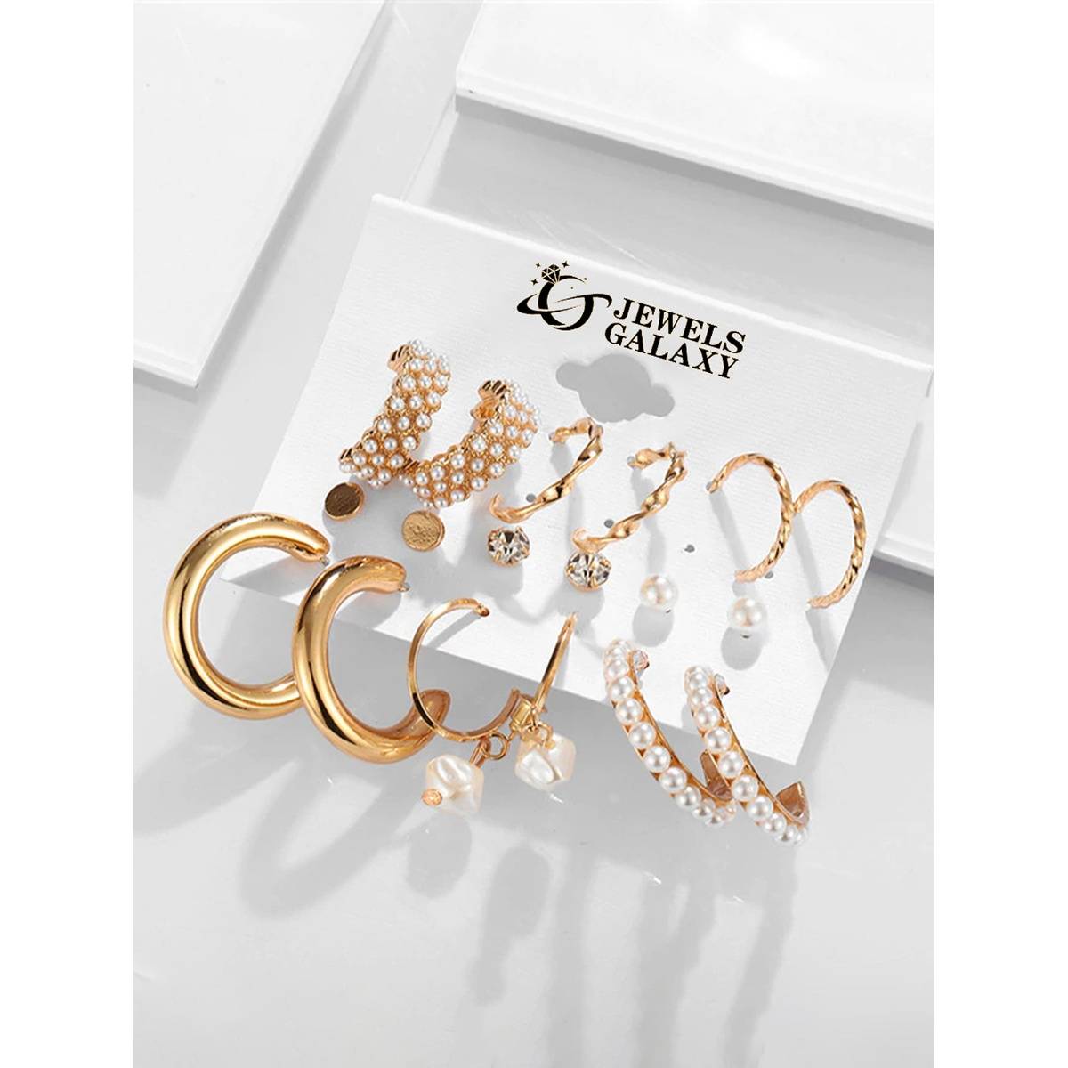 Jewels Galaxy Gold-Plated Stone and Pearls Earrings Set of 9