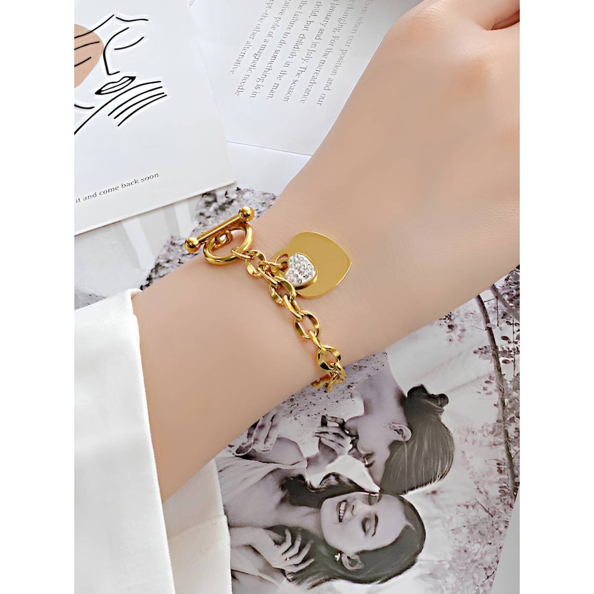 Jewels Galaxy Gold-Plated Anti Tarnish Heart Themed Charm Bracelet