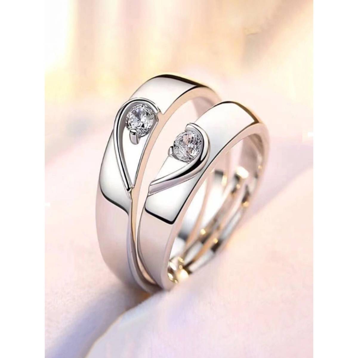 Jewels Galaxy Silver Plated American Diamonds Studded Adjustable Heart Couple Rings