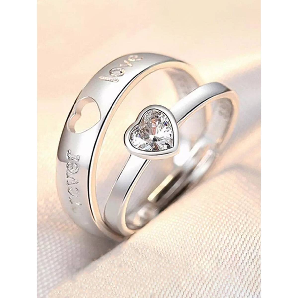 Jewels Galaxy Silver Plated American Diamonds Studded Adjustable Heart Couple Rings
