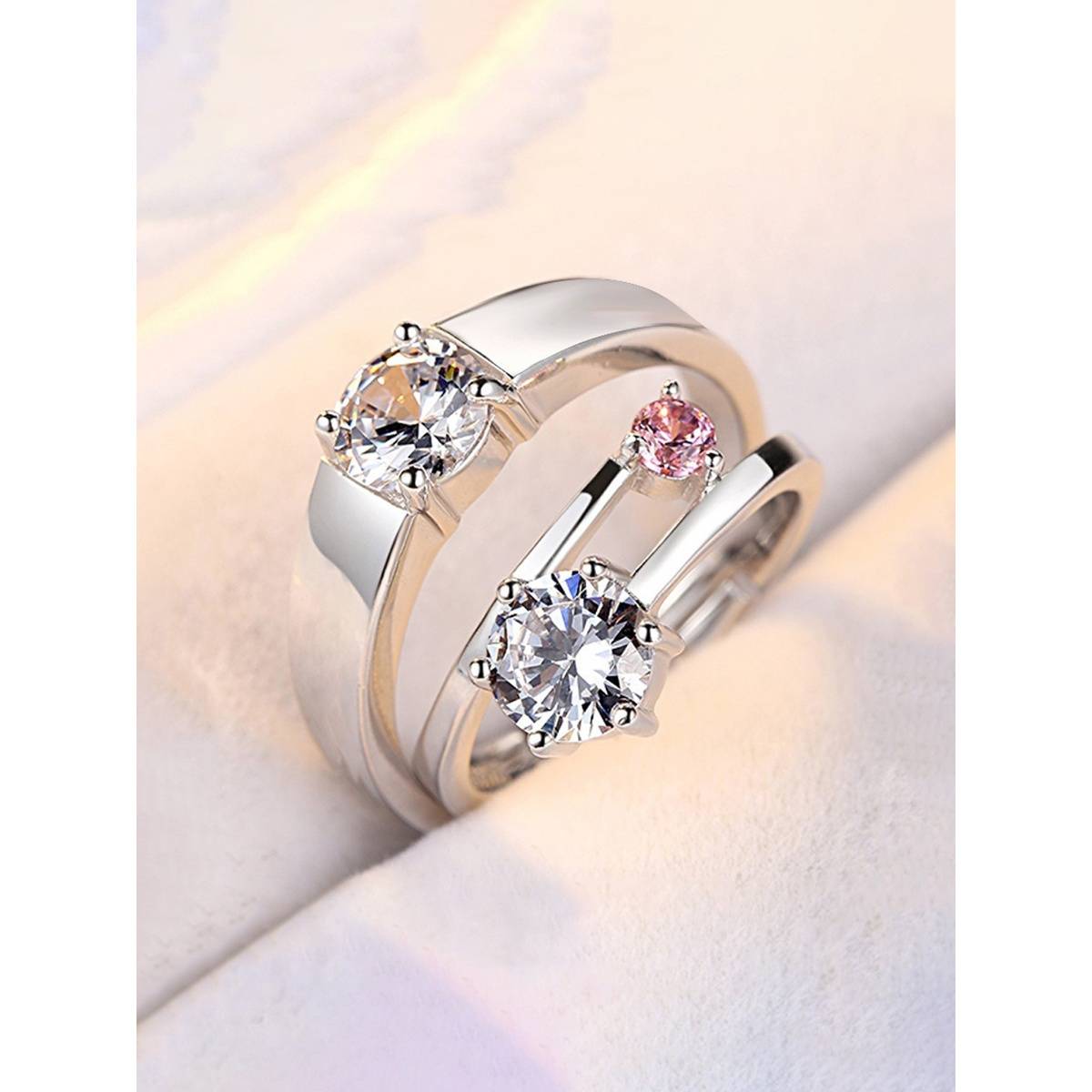 Jewels Galaxy Silver Plated Pink American Diamonds Studded Adjustable Couple Rings
