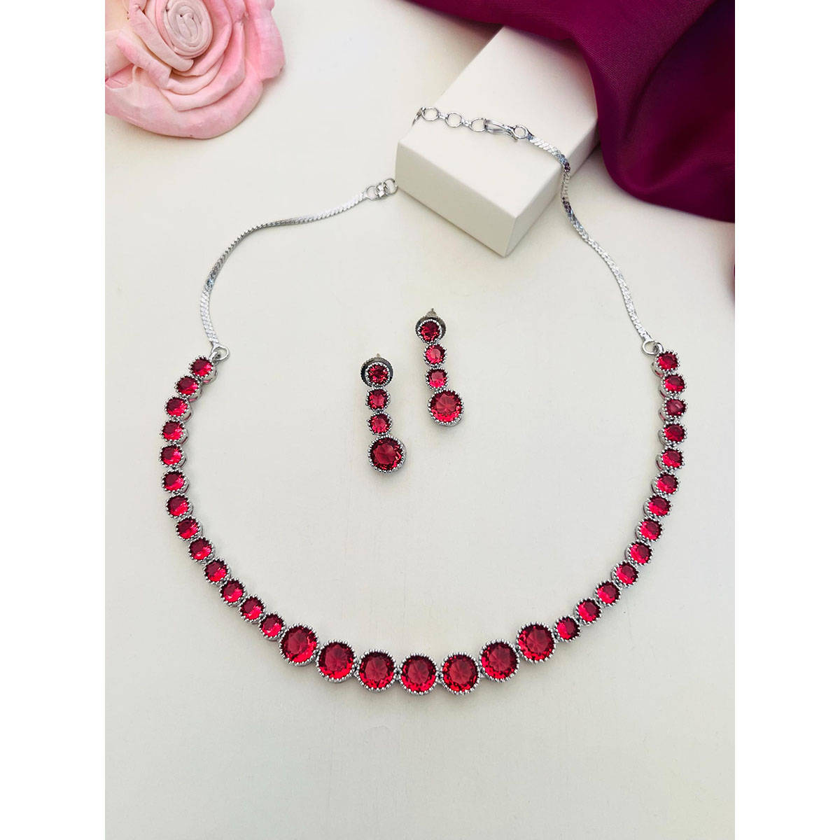 Abdesigns Enchanting American Diamond Necklace Red