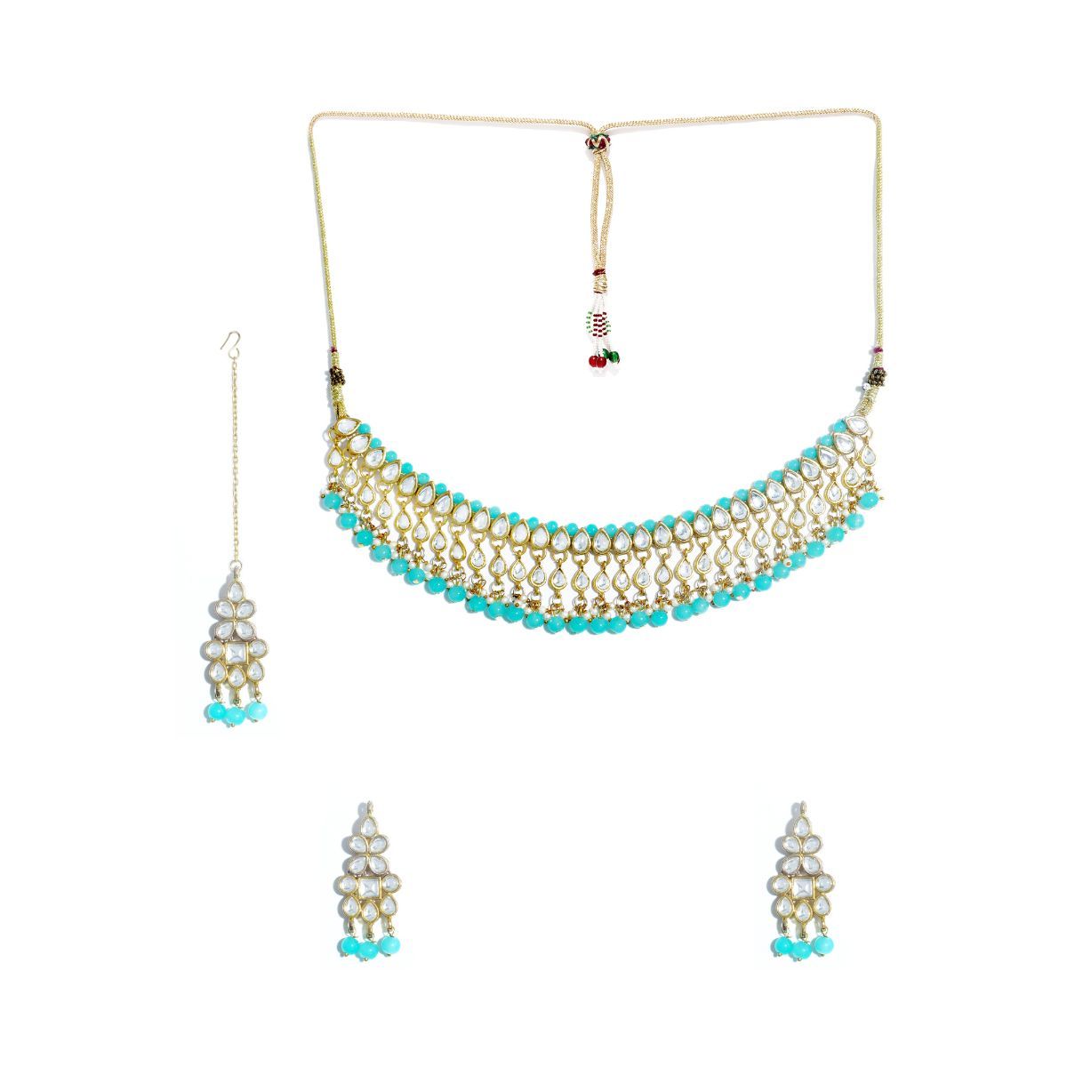 Karatcart Kundan Mint Blue Necklace Set with Earrings and Maangtikka