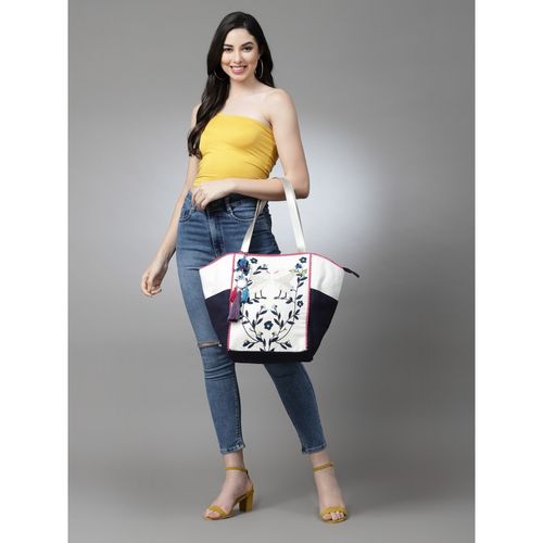 Anekaant Jungle Navy & Off White Quirky Embroidered Cotton Canvas Tote Bag:  Buy Anekaant Jungle Navy & Off White Quirky Embroidered Cotton Canvas Tote  Bag Online at Best Price in India