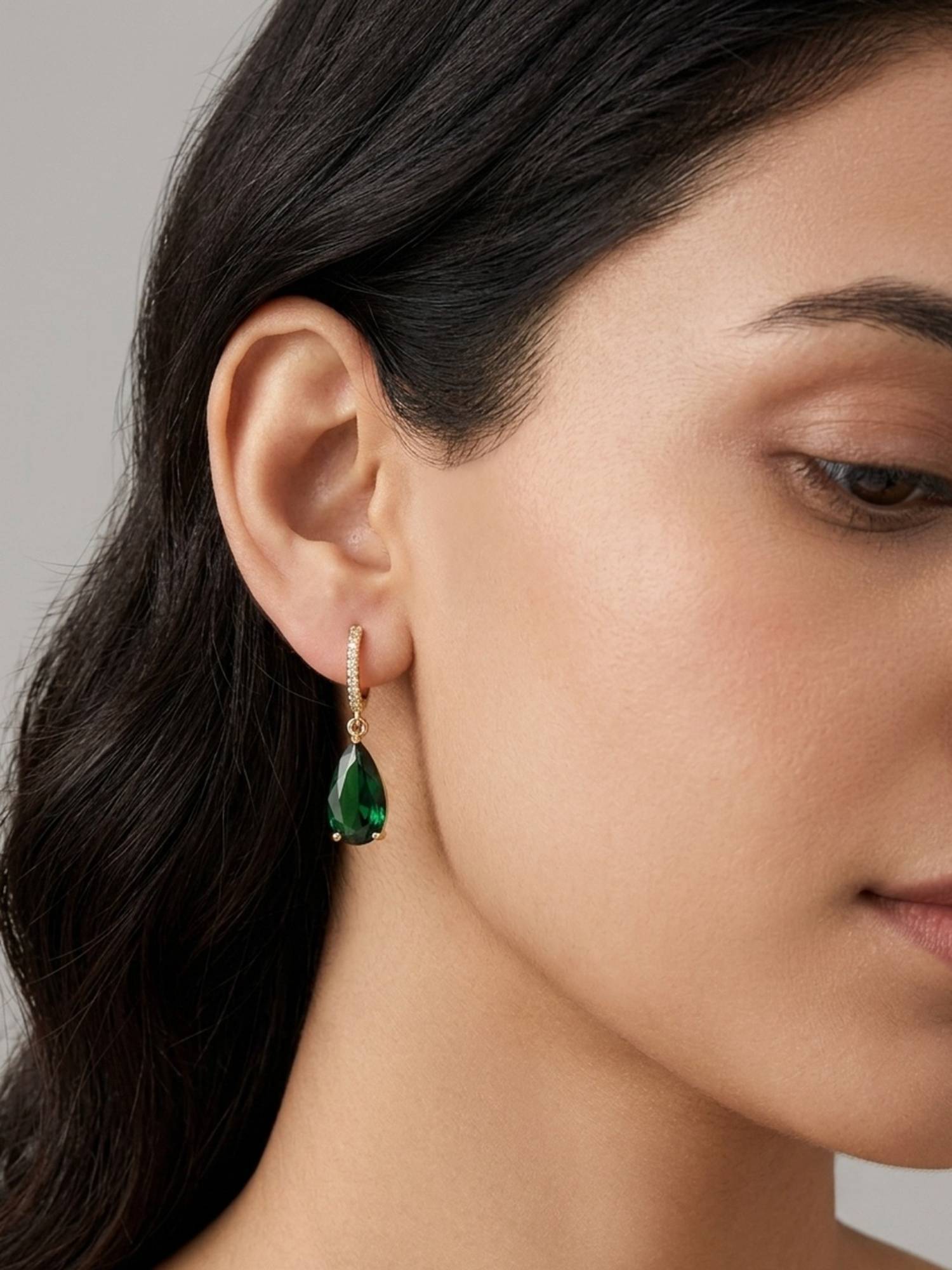 RACHIVA 18K Gold Plated Pave Cz Emerald Teardrop Hoop Earrings