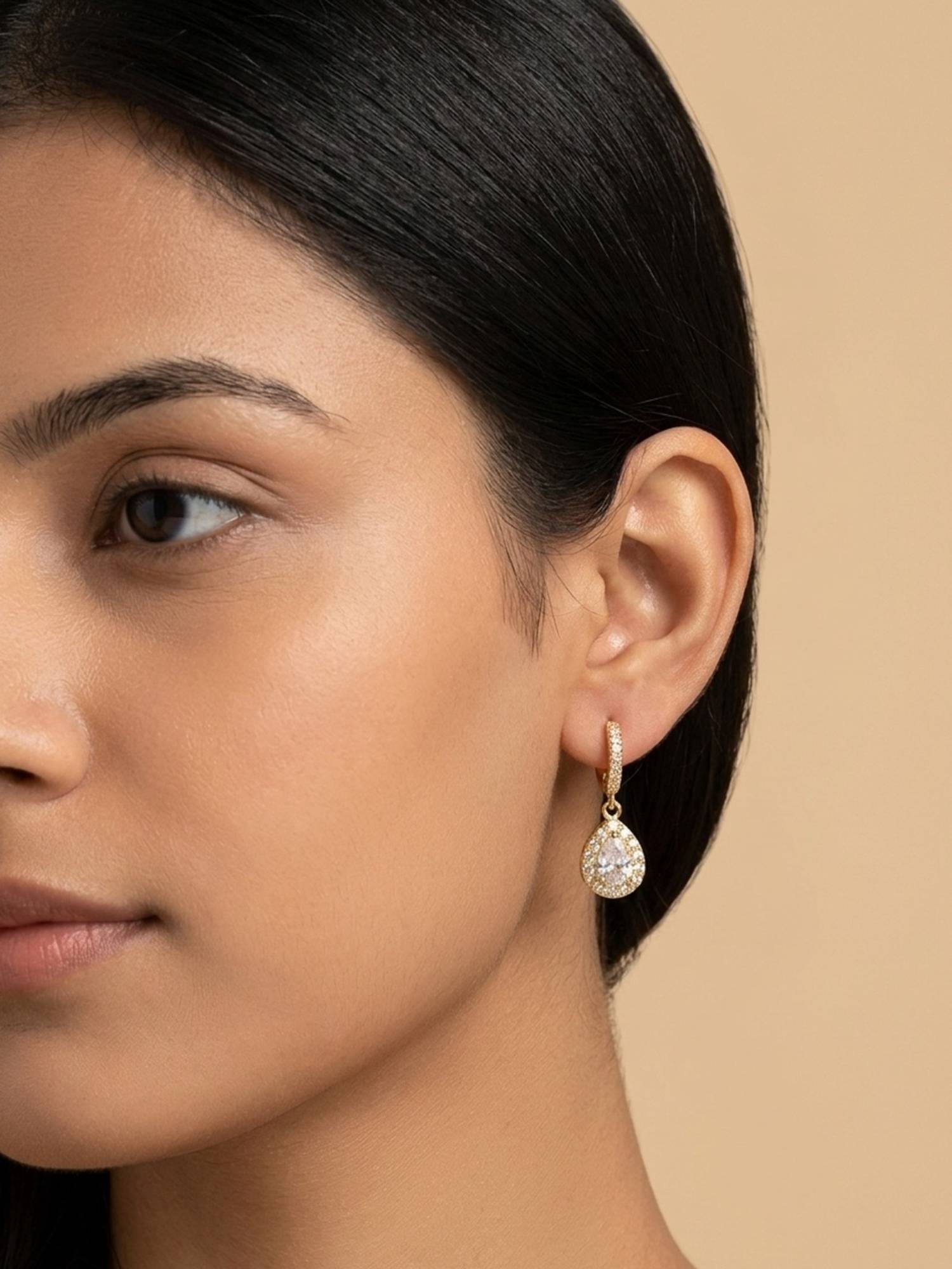 RACHIVA 18K Gold Plated Pave Cz Halo Teardrop Hoop Earrings