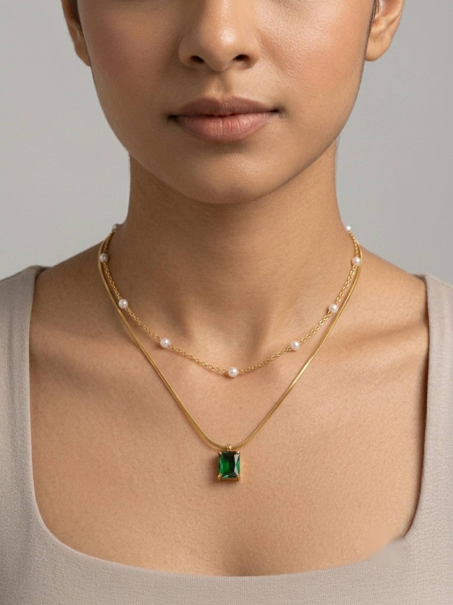 RACHIVA 18K Gold Plated Layered Pearl and Emerald Necklace