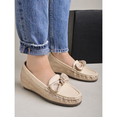 Shoetopia Upper Bow Detailed Cream Loafers for Women (EURO 39)