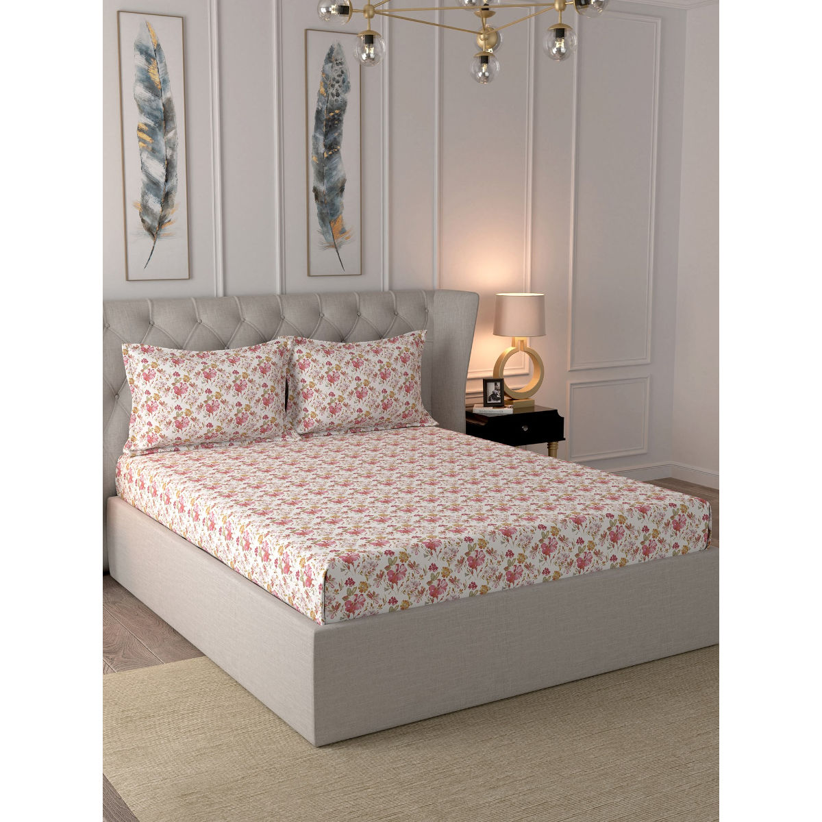 Inhouse by Maspar Glam Hamilton Red Print 144TC Cotton Double Bed Sheet With 2 Pillow Covers