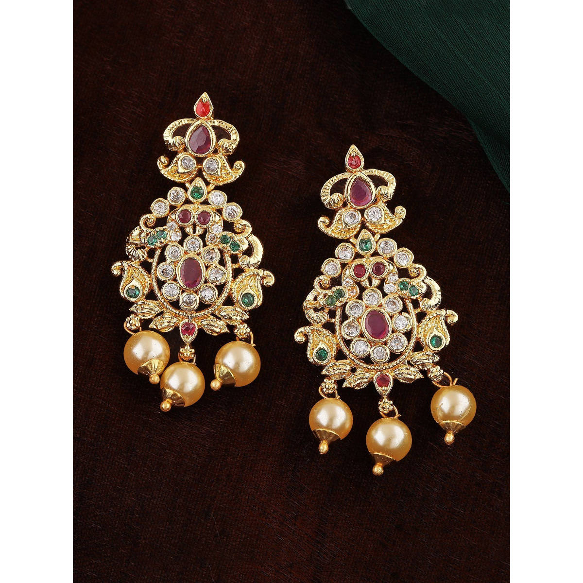 Estele Gold Plated CZ Enchanting Bridal Earrings with Pearl and Crystals for Women