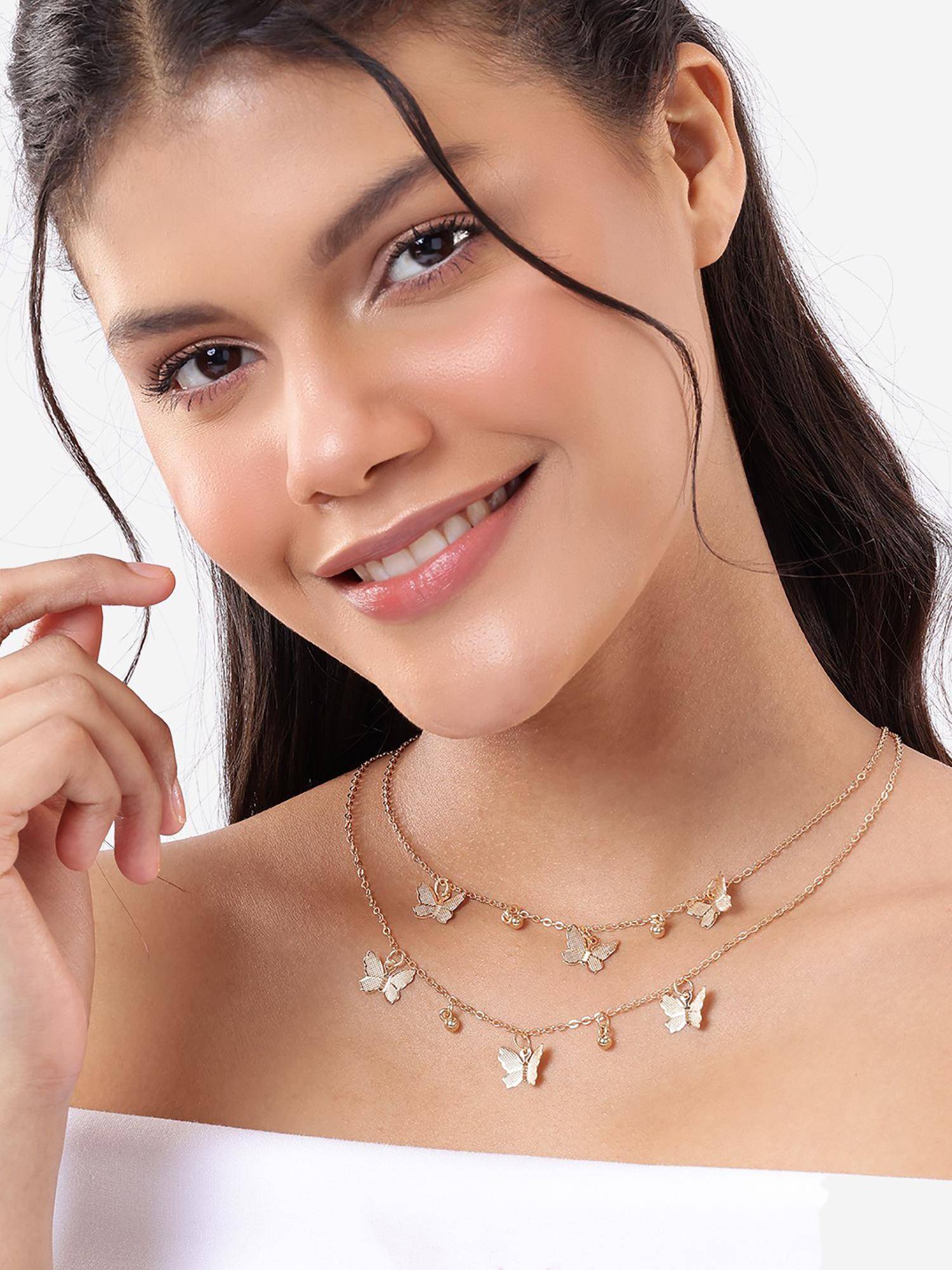 Carlton London Rose Gold Plated Multiple Butterfly Double Chain Necklace