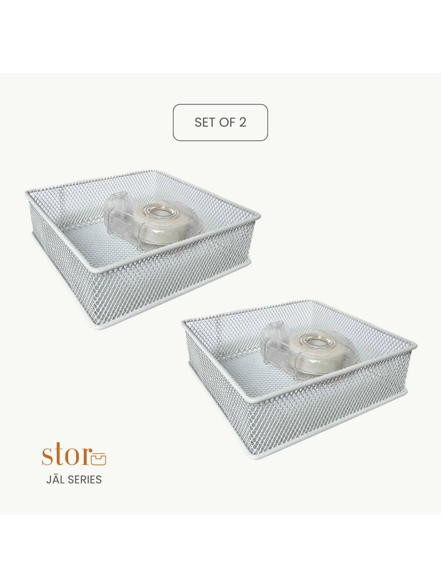 STOR Ecru White Square Mesh Paper Tray Durable Metal Desk Organisers (Pack of 2)