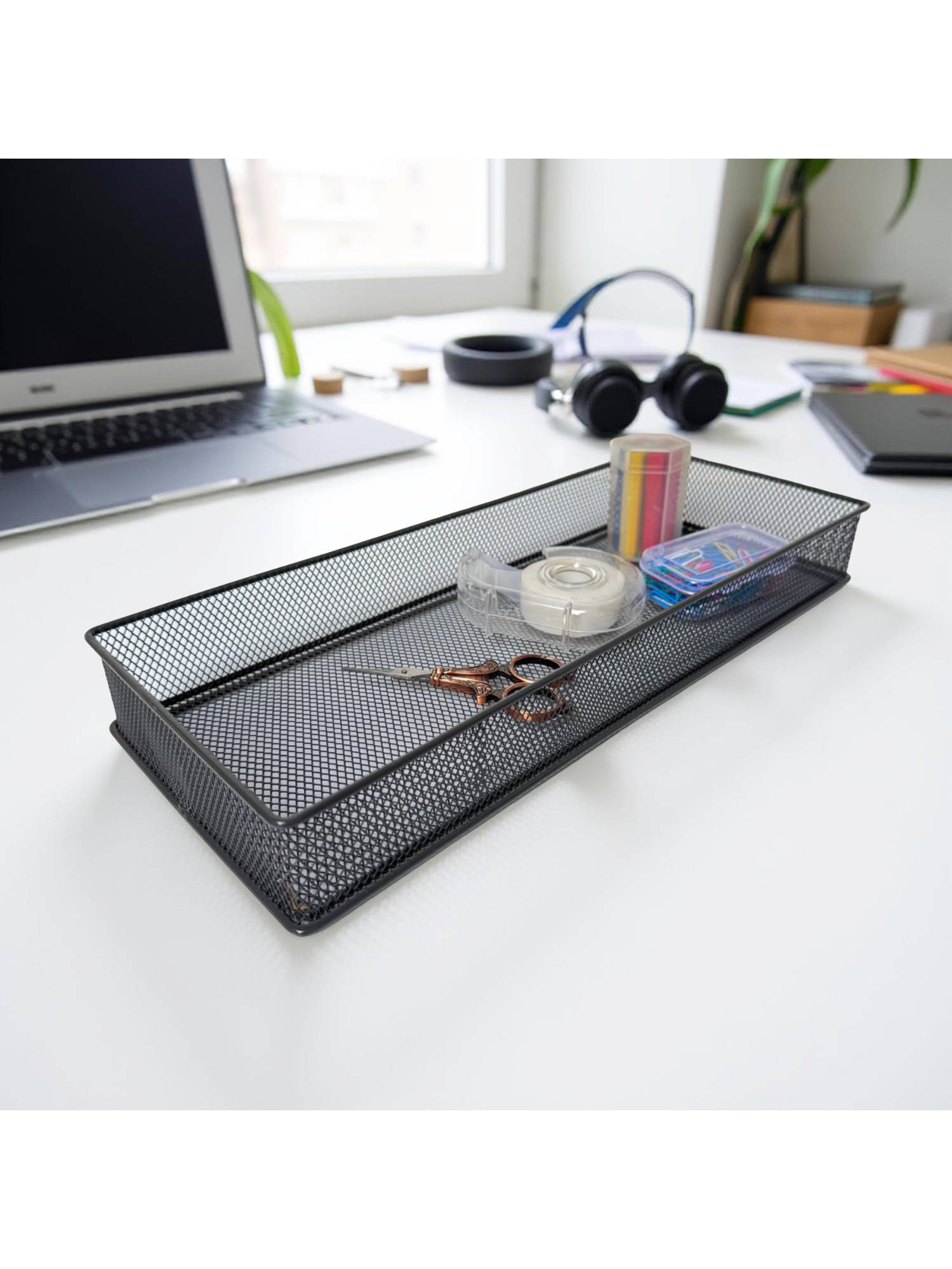 STOR Ash Black Rectangular Mesh Paper Tray Sturdy Metal Desk Organiser