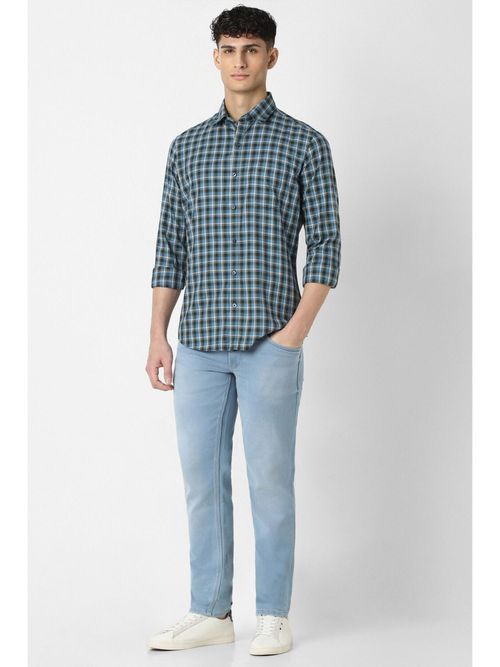 Van Heusen Men Blue Slim Fit Checks Full Sleeves Casual Shirt