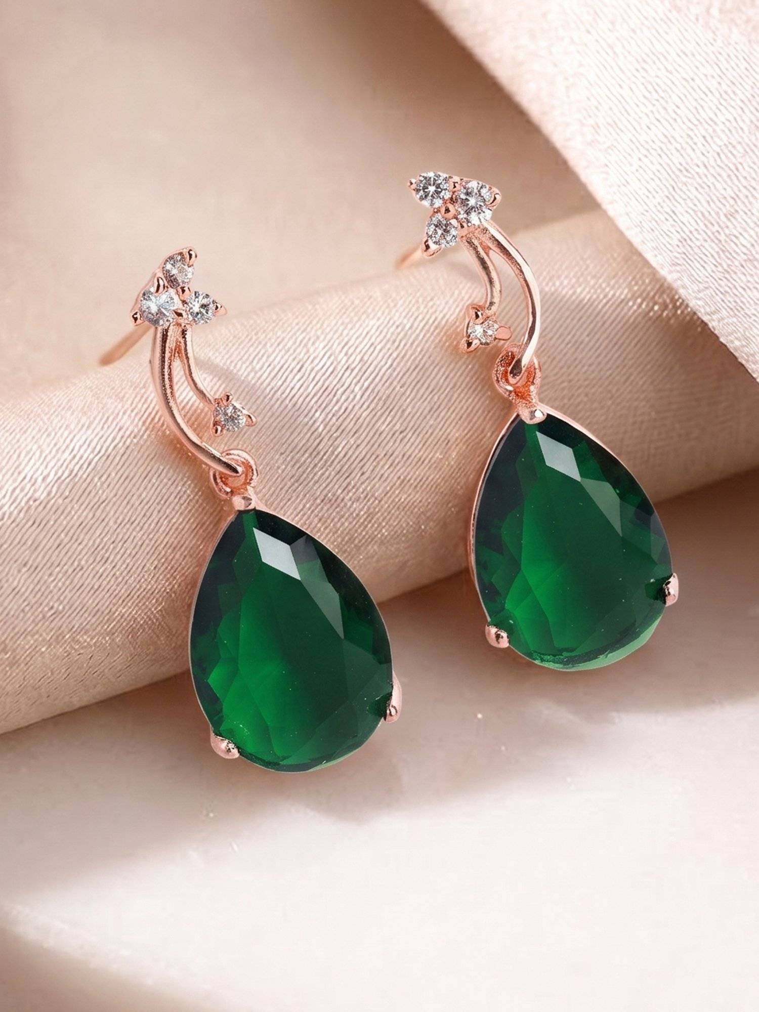 Estele Party Wear Green Crystal Rosegold Plated Cz Tear Drop Earrings