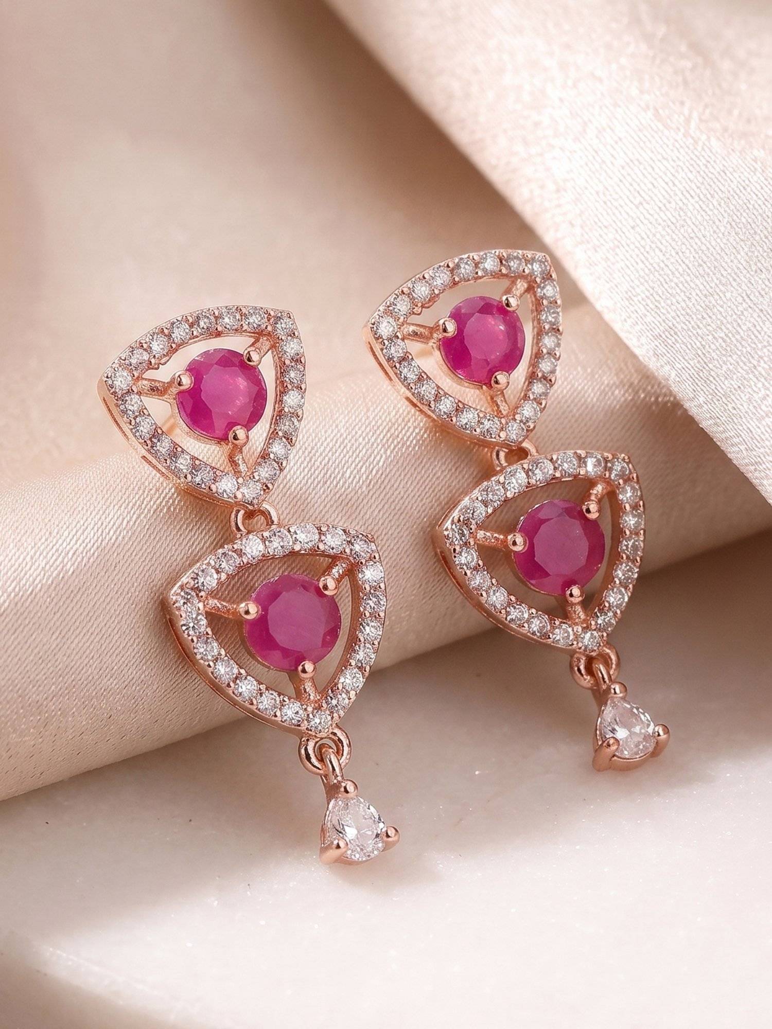 Estele Rosegold Ruby Cz Geometric Drop Earrings