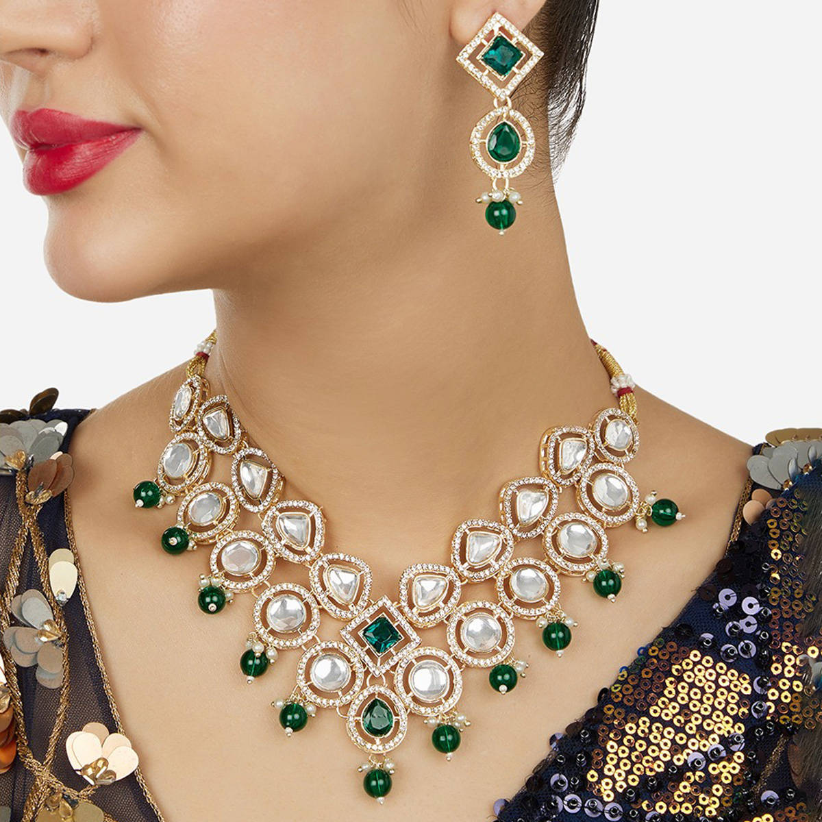 Zaveri Pearls Green Stones Austrian Diamonds Necklace and Earrings