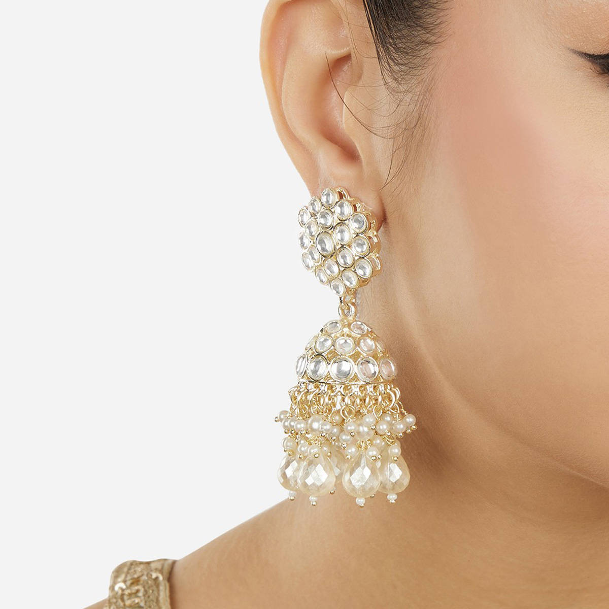 Zaveri Pearls Gold Tone Kundan and Cluster Beads Drop Jhumki Earrings