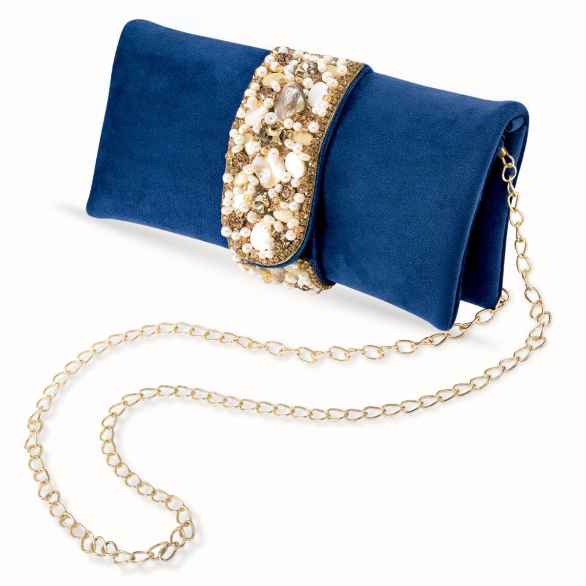 Small Navy Blue Polkadot Box Clutch with Crystal Push-Button