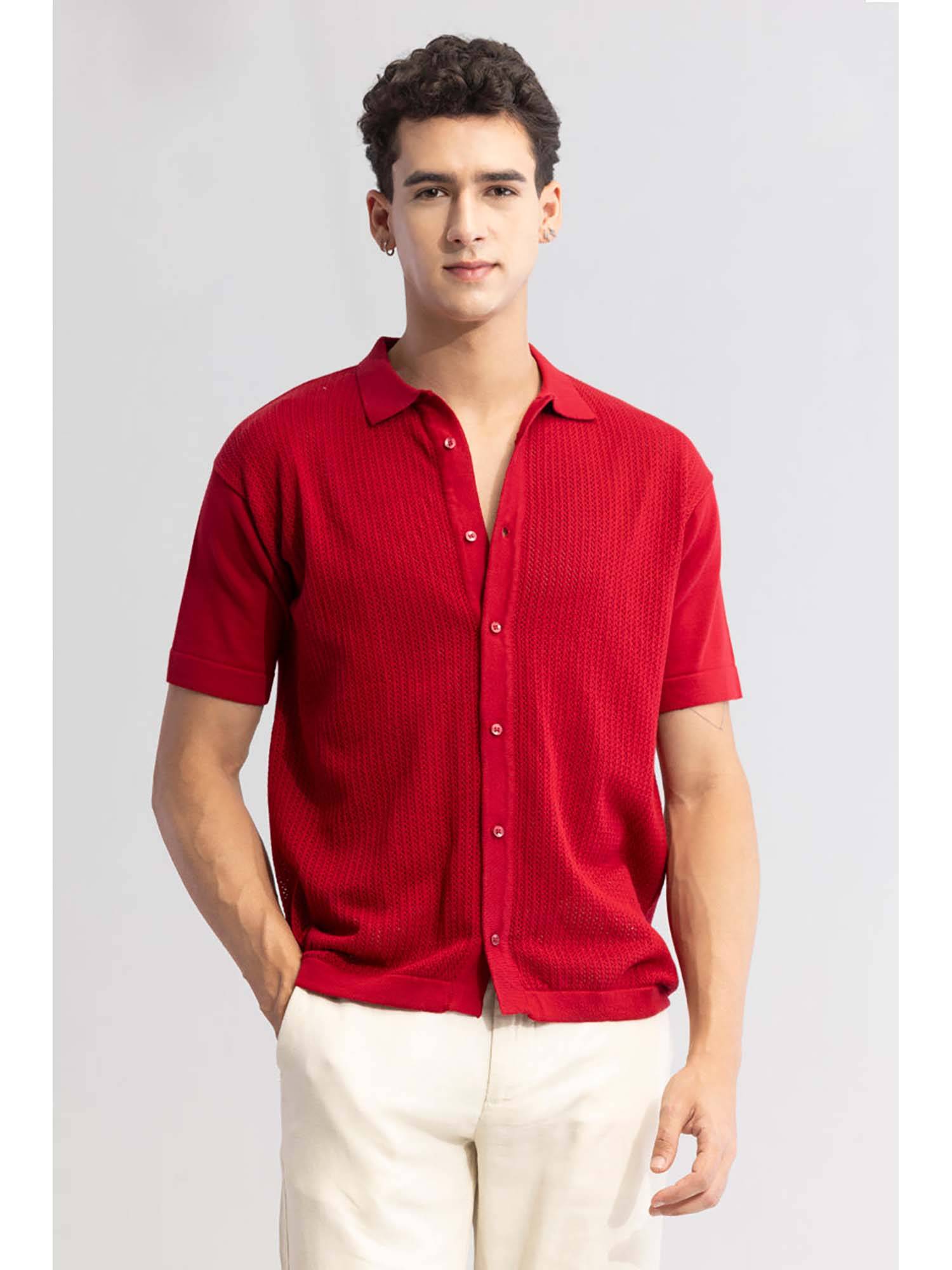Snitch Red Buy Snitch Red Textured Self-Design Half Sleeves Slim Casual Shirt for ...
