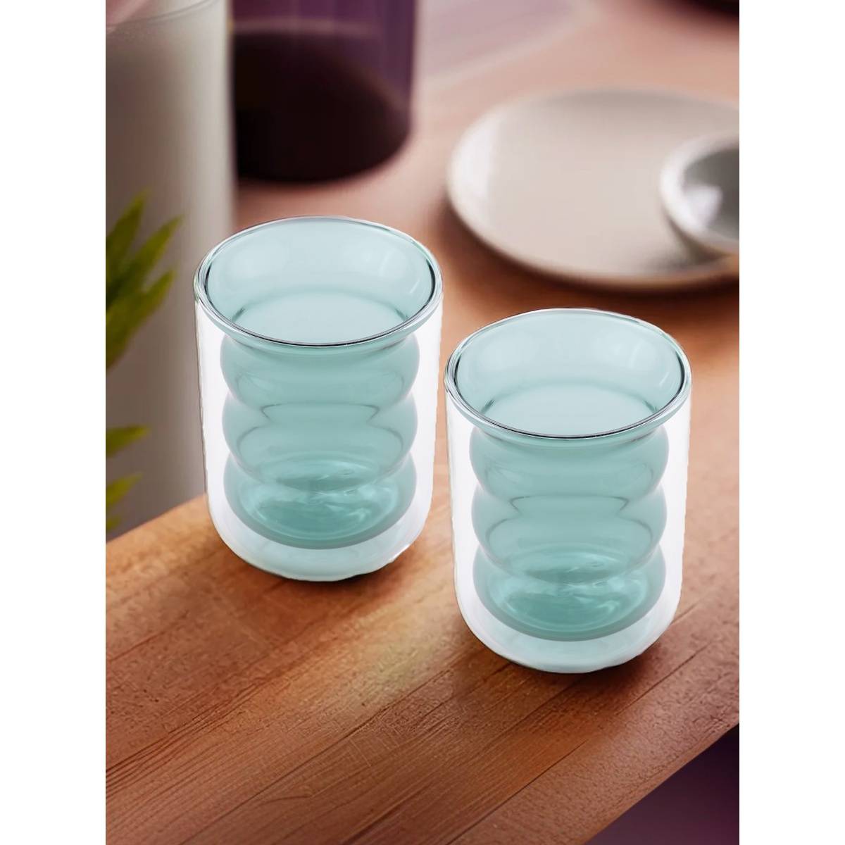 The Better Home Curvy Colored Double Walled Glass 200ML Yc008-Grn Green Pack of 2