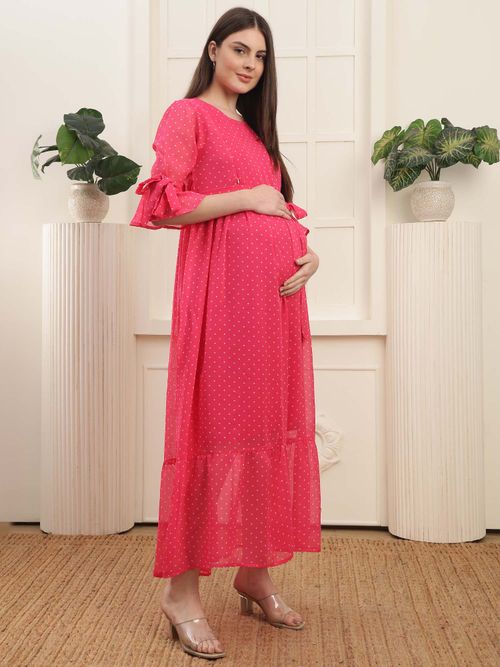Buy Moms Maternity Printed Georgette Nursing Hidden Zipper for Feeding Maxi  Dress Online