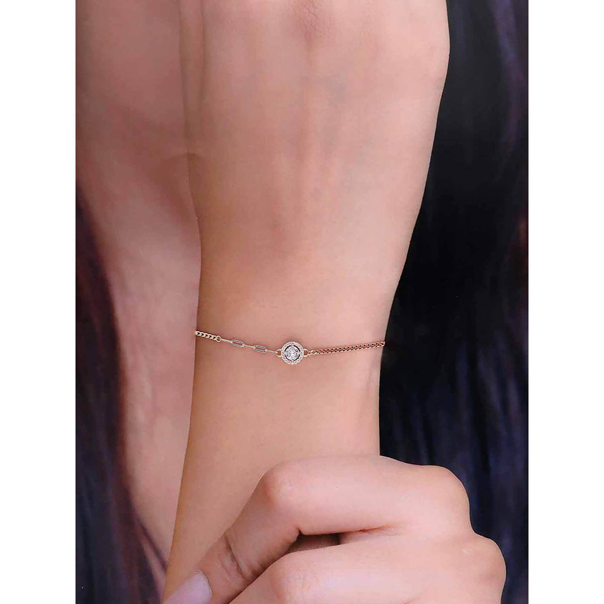 Kai Jewel Sterling Silver Rose Gold Stylish Solitaire Zircon Studded Link Bracelet