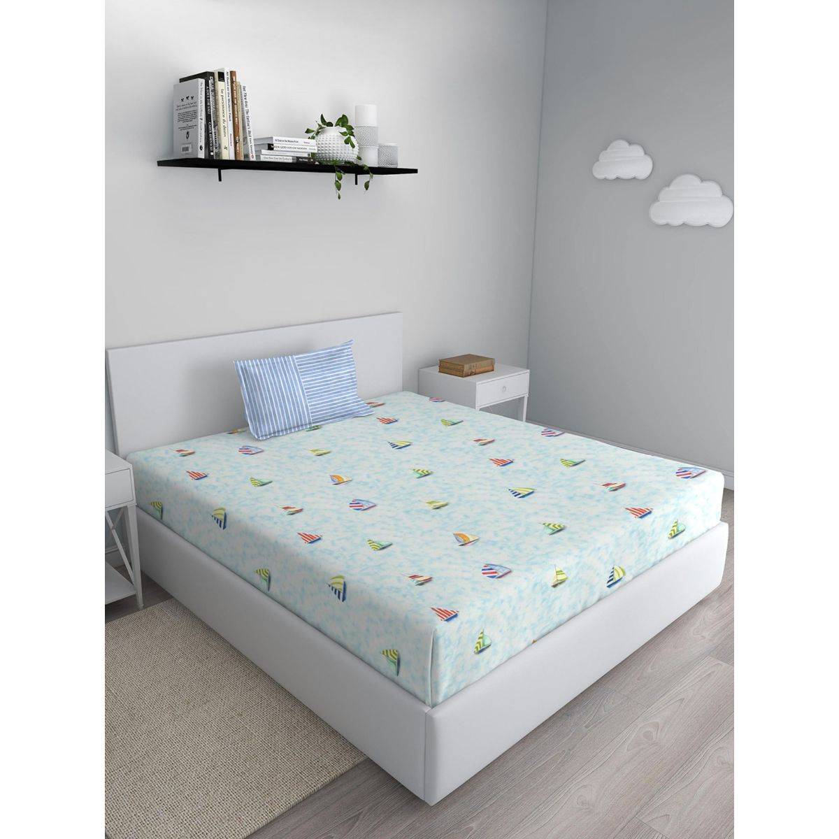 GM Cotton Nautical Print Kids Bedsheet with Pillow Cover -Single Bedsheet (60x108 inches, Blue)