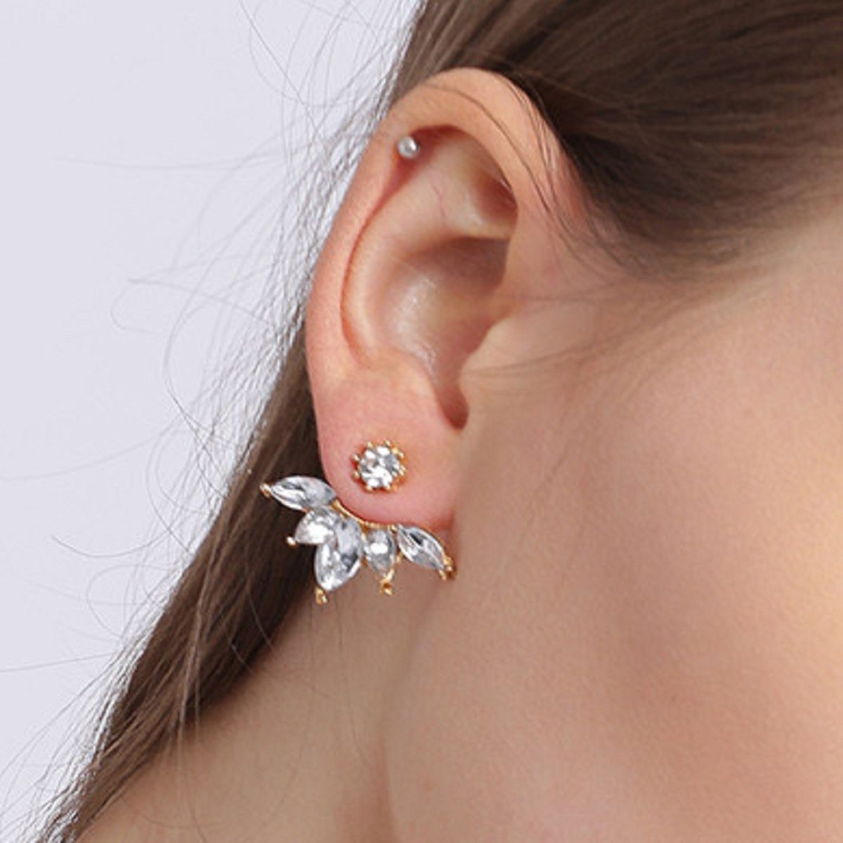 Golden And White Gold Diamond Flower Cluster Design Stud Earring