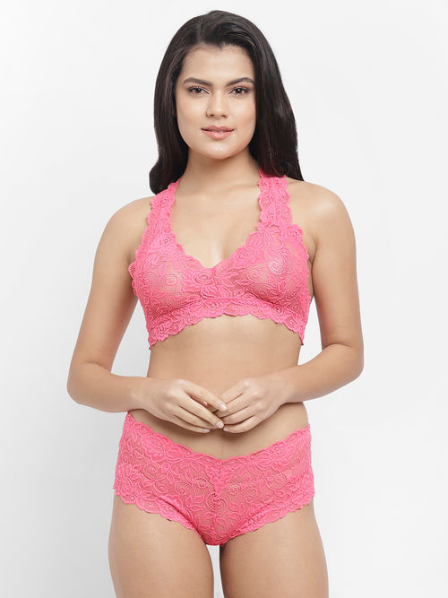 Buy N-Gal Women's Floral Lace Racer Back Bra Underwear Lingerie Hipster  Panty Set - Pink Online