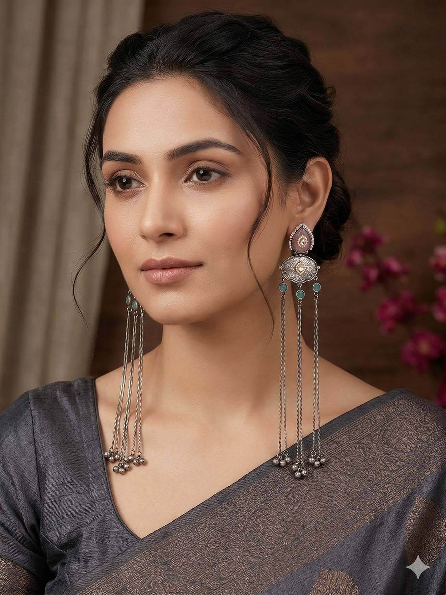 Designbox Boho Oxidised Dangler Green Earrings