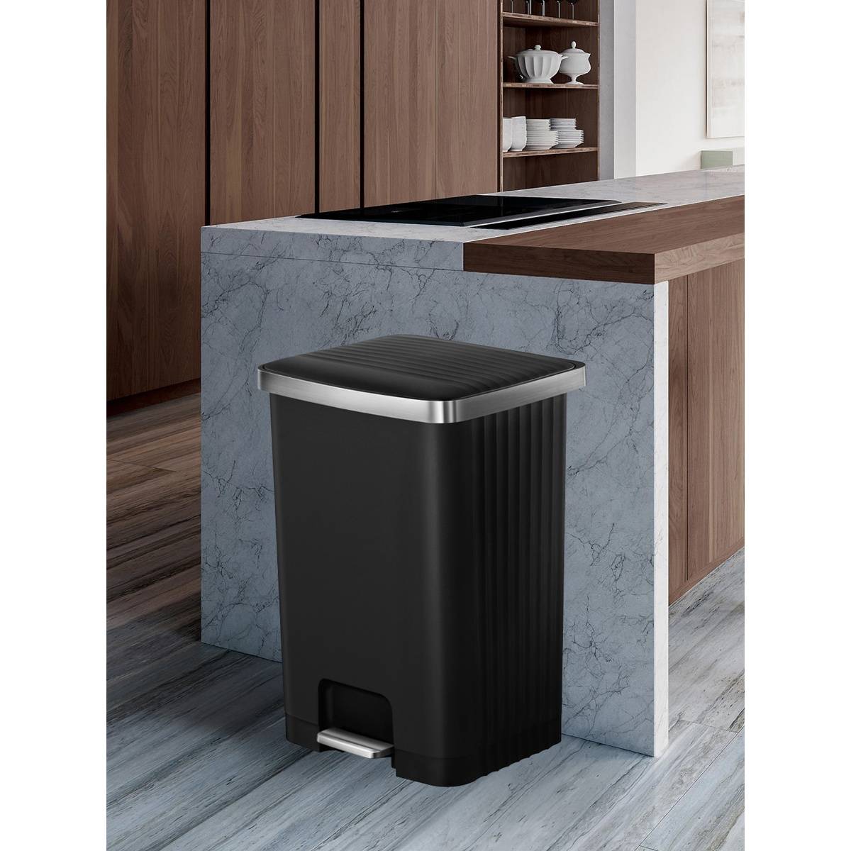 OBSESSIONS Black Plastic Step Dustbin with Fingerprint Resistant (70 L)
