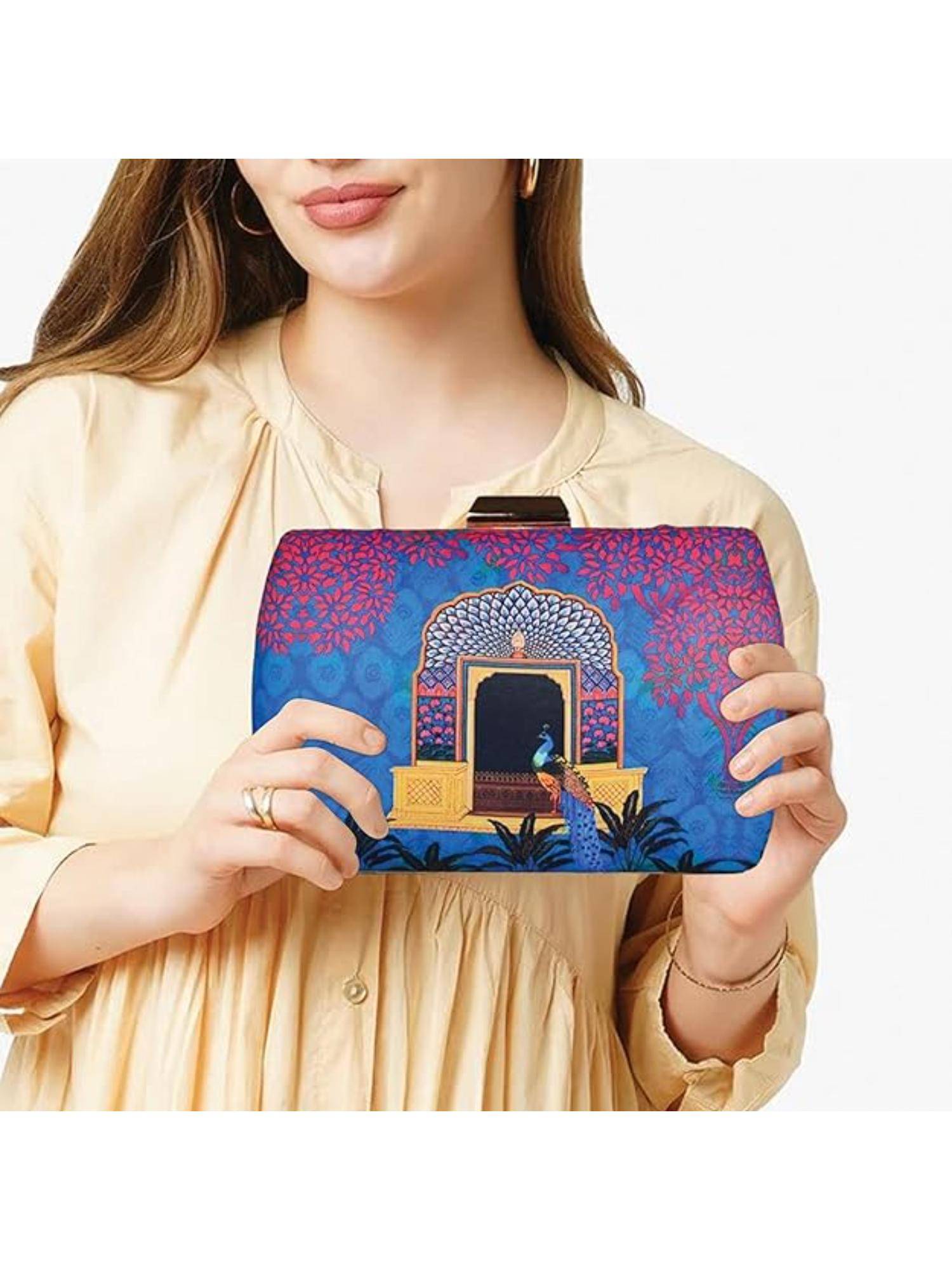 ARTKLIM Multi-Color and Blue Printed Box Clutch with Detachable Strap