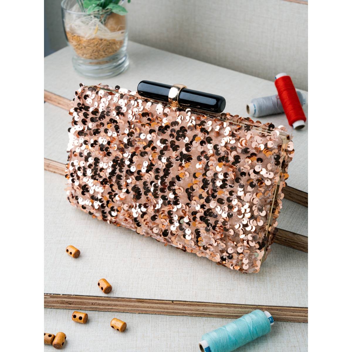 NR BY NIDHI RATHI Rose Gold Embellished Sequined Box Clutch