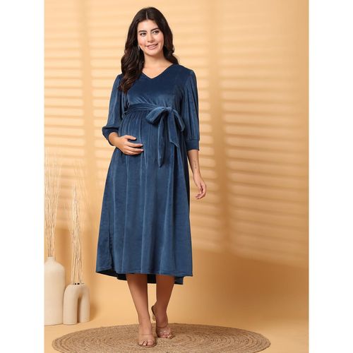 Buy Secret Wish Blue Solid Velour Maternity Dress Calf Length Blue Online