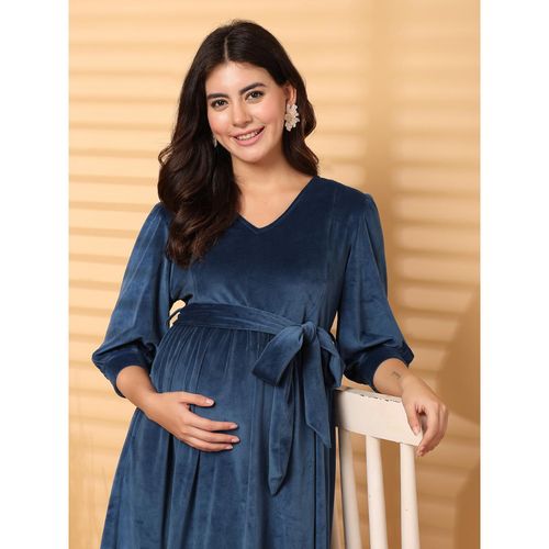 Buy Secret Wish Blue Solid Velour Maternity Dress Calf Length Blue Online