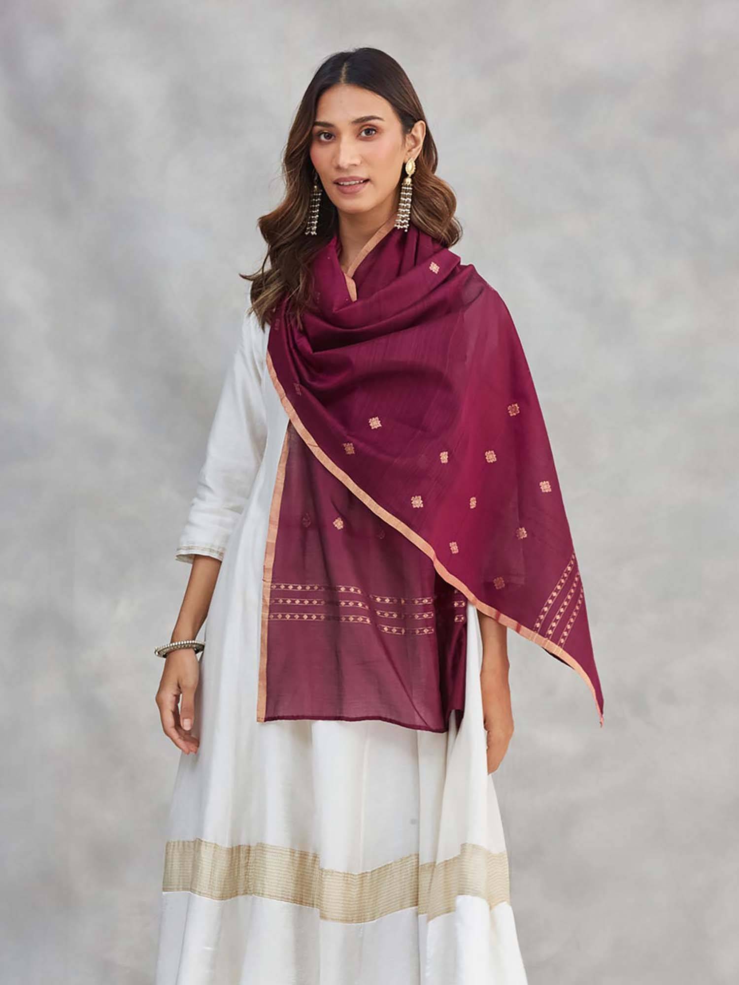 Fabindia Wine Cotton Silk Blend Banarsi Stole