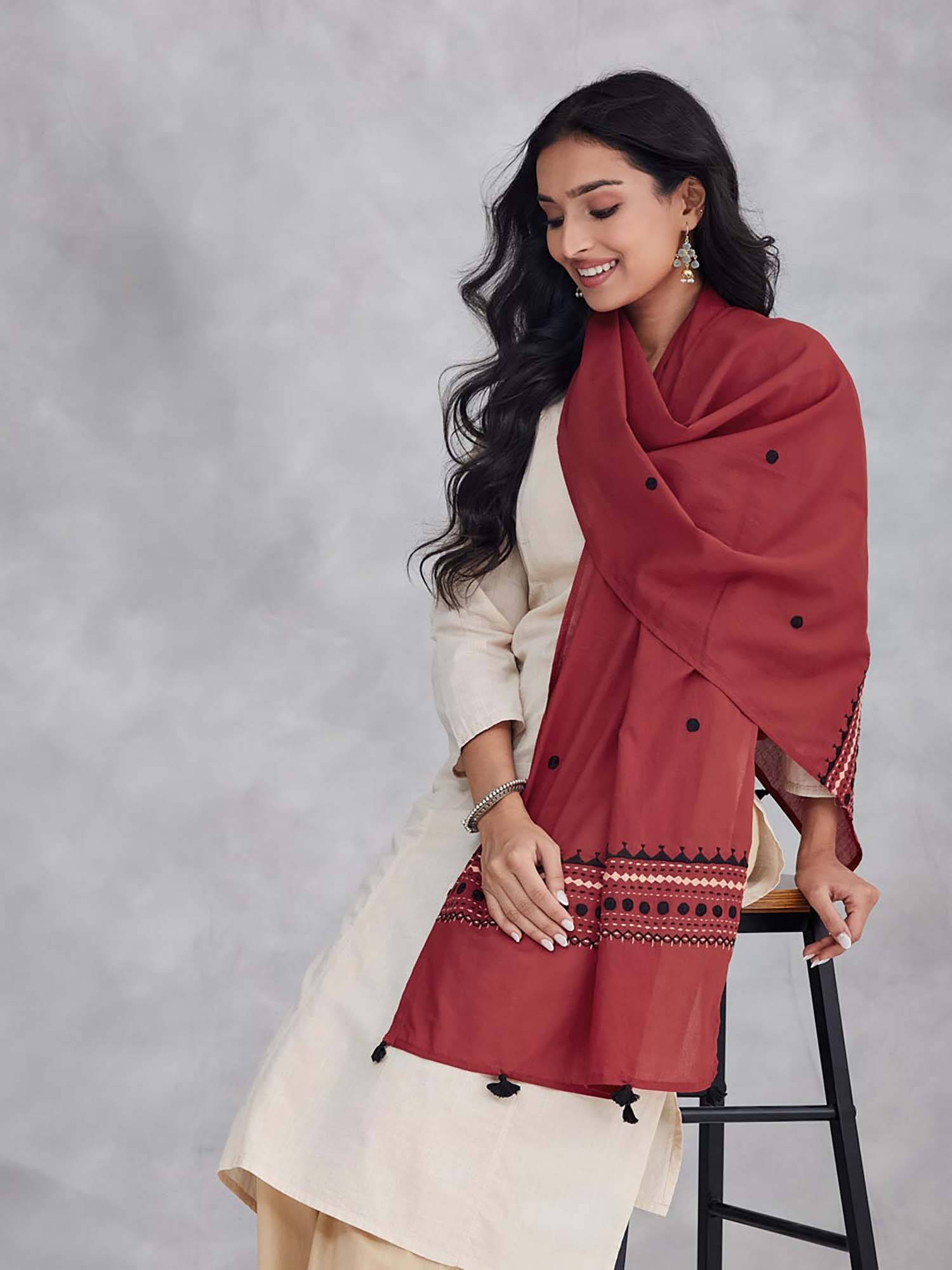Fabindia Red Cotton Hand Embroidery Stole