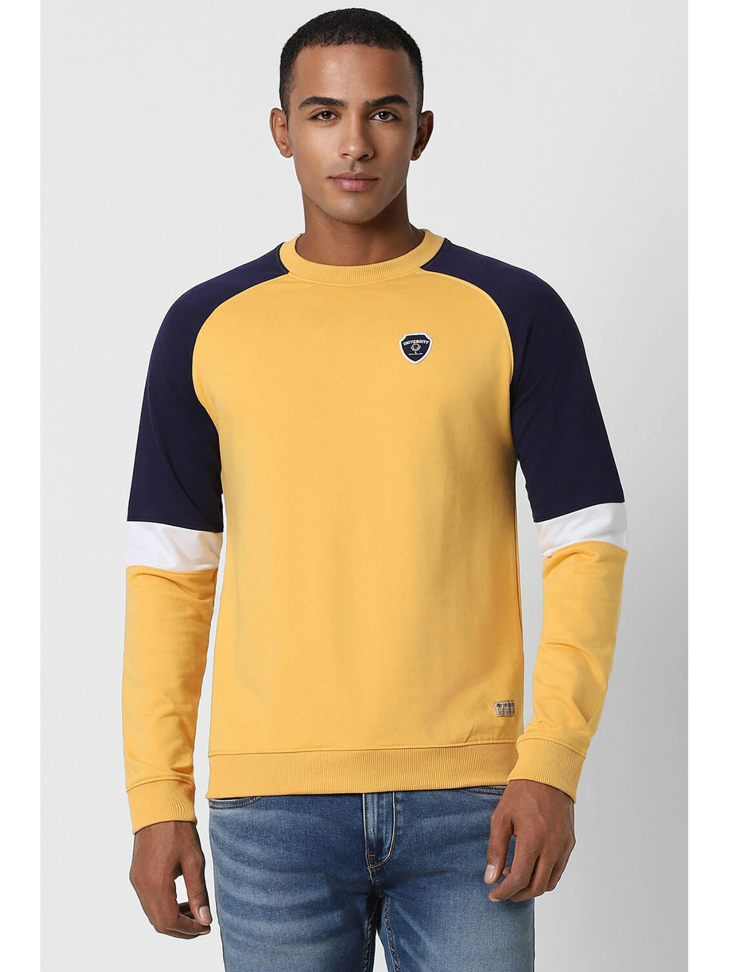 Peter England Men Dark Yellow Colorblock Crew Neck Sweatshirt