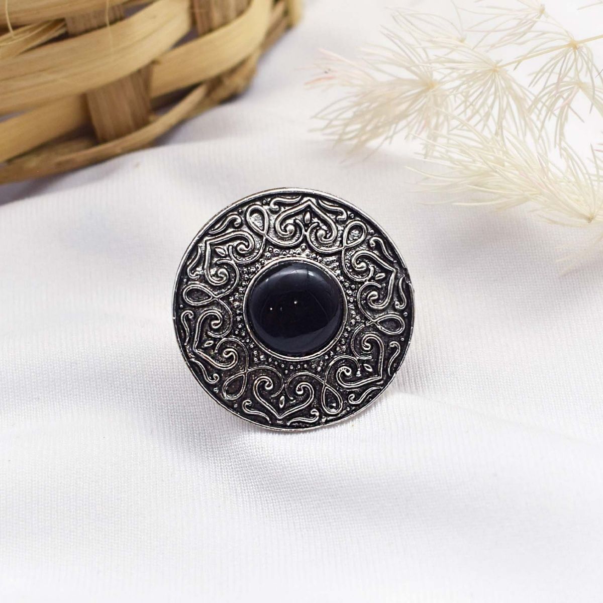 Buy Teejh Nayana Black Stone Silver Oxidised Ring Online